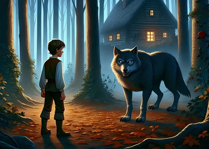 Illustration of a young boy and a wolf staring at each other in the woods